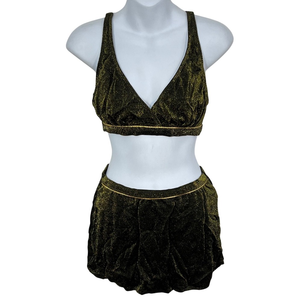 Vintage Sun Streak Metallic Gold on Black 2 Piece Swimsuit Size 8